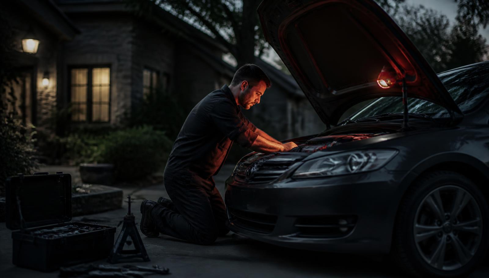Mobile auto repair technician working under the hood of a car in a residential driveway at dusk with a portable toolbox nearby