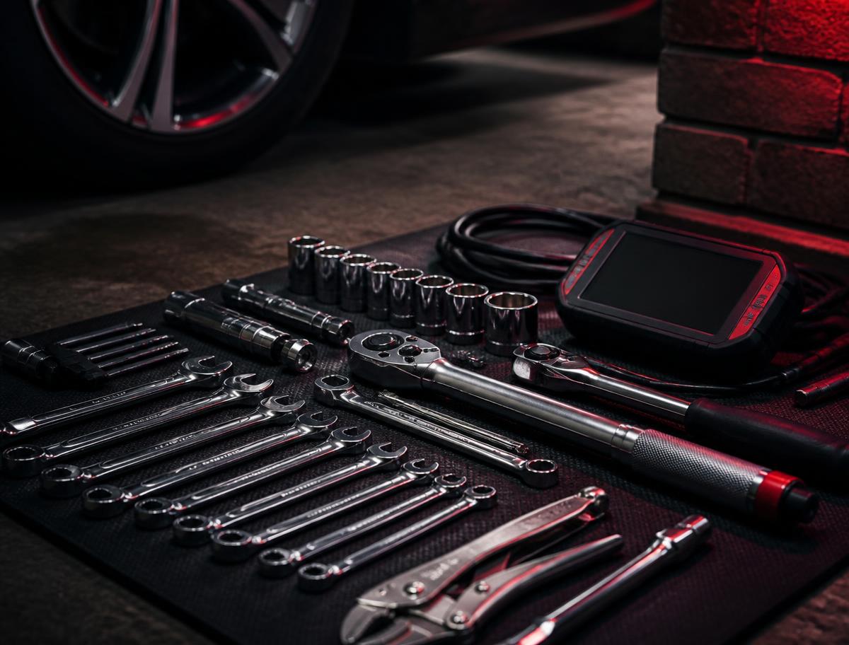 Professional mechanic hand tools and a diagnostic scan tool laid out on a mat in a driveway for an on-site mobile auto repair
